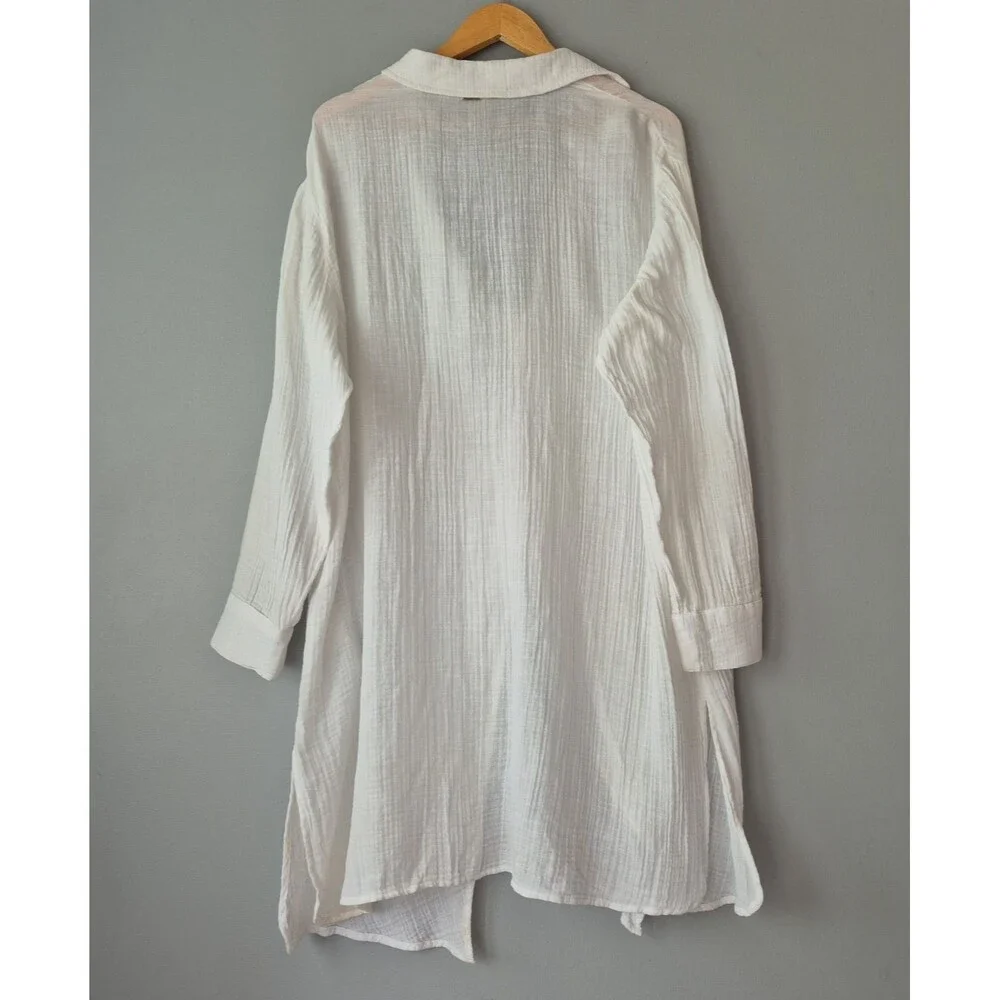 Roxy White 100% Cotton Long Sleeve V Neck Ruched Slit Beach Cover Up Womens LRG